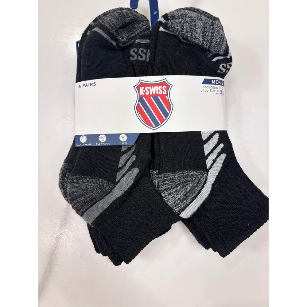 K-Swiss Mens 6 Pair Quarter Performance Socks Black Grey Size 6-12.5